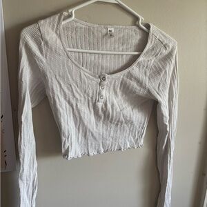 bp White Ribbed Long-Sleeve Henley Crop Top with Button Detail